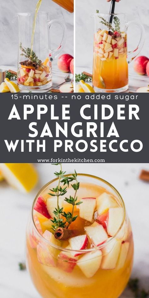 Nothing says fall quite like Apple Cider Sangria. This flavorful, easy-to-make cocktail is perfect for a holiday party or get-together with friends because it's made by the pitcher and only takes about 15 minutes! Bursting with warm fall flavors and bubbly prosecco, it's the perfect autumn drink! Apple Cider Champagne Punch, Fall Cider Sangria, Champagne Apple Cider Cocktail, Spiced Apple Prosecco, Cider Prosecco Cocktail, Fall Holiday Cocktails, Apple Cider And Champagne, Apple Cider Big Batch Cocktails, Apple Cider And Prosecco