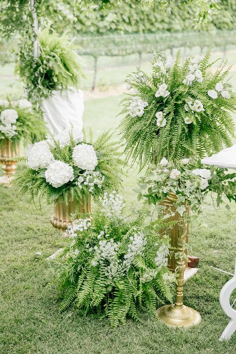 Wedding Bouquets Centerpieces, Fern Ground Arch, Fern Wedding Alter, Greenery Wedding Altar, Potted Plant Ceremony Decor, Wedding Decor With Ferns, Ferns And Mums Wedding Decor, Ferns At Wedding Ceremony, Ferns With Flowers Wedding