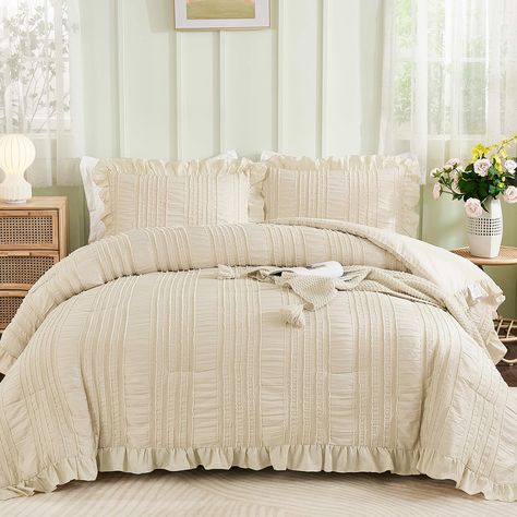 PRICES MAY VARY. [Seersucker Ruffle Design]:Queen comforter featuring a unique seersucker texture with tufted ruffle design.While ensuring a comfortable sleep, add a stylish and simple atmosphere to the bedroom. [Size of Queen Comforter]:Beige seersucker comforter set include 1 tufted comfoter (90"×90"), 2 tufted pillowcases（20"×28"). Suits for all Seasons. [Soft Bedding Set]:Ruffle comforter made of microfiber, the ultra-soft inner filling and fabric are skin-friendly and breathable, while warm Bedding Beige, Seersucker Bedding, Textured Comforter, Shabby Chic Comforter, Ruffle Comforter, Rustic Comforter, French Rustic, Microfiber Bedding, Bed Comforter Sets