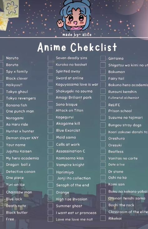 watch unchecked animes from this list Anime Checklist, Websites To Watch Anime, Alice Anime, Bahasa Jepun, Materi Bahasa Jepang, Anime Sites, Film Netflix, Anime Websites, Japanese Animated Movies