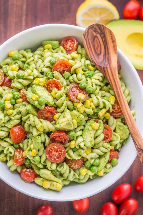 The secret ingredient in this Creamy Avocado Pasta Salad recipe will impress you! This avocado pasta salad is easy, creamy, vibrant, fresh and so satisfying! | natashaskitchen.com Pasta Salad With Avocado Dressing, Creamy Avocado Pasta Salad, Pasta Salad With Avocado, Salad With Avocado Dressing, Creamy Avocado Pasta, Avocado Salad Dressing, Avocado Pasta Salad, Salad With Avocado, Avocado Pasta