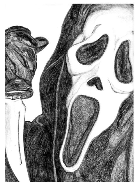 This is a illustration I did of Ghost Face from the movie Scream #HorrorIcons #HorrorMovies Sketches Cool Creative, What To Draw Sketches, Sketch Ideas Halloween, How To Draw A Ghost Face, Drawing Sketching, Cool Art Drawings Halloween, Drawing Ideas Movies, Drawings From Movies, Two Faces Drawing