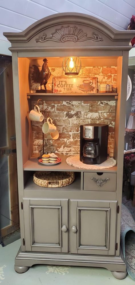 Coffee Bar Out Of Entertainment Center, Coffee Bars Made From Old Hutches, Coffee Bar In Salon, China Cabinet Redo Coffee Stations, Coffee Bar Out Of Hutch, Dresser Turned Into Coffee Bar, Tea Bar Ideas Kitchen Counter, Repurposed Corner Cabinet, Coffee Bar From Hutch