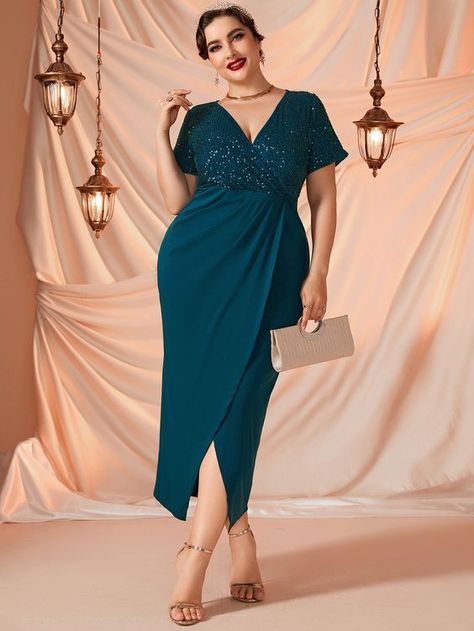 Teal Blue Glamorous Short Sleeve Polyester Plain Fitted Embellished High Stretch All Plus Size Dresses Formal Dress For Wedding Guest, Sequence Dress, Plus Size Cocktail Dresses, Plus Size Formal Dresses, Vestido Plus Size, Shein Dress, Column Dress, Mothers Dresses, Midi Dress Casual