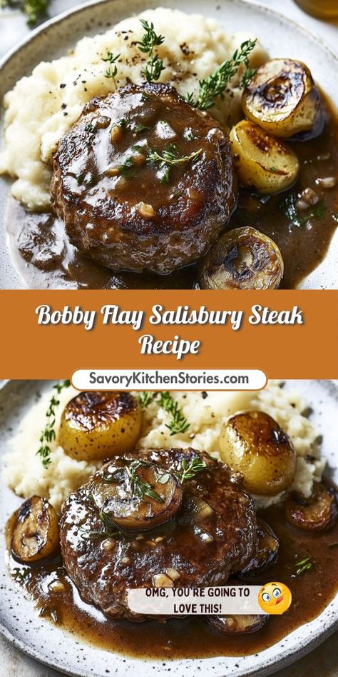 Looking for a comforting meal that will impress your family? Bobby Flay's Salisbury Steak Recipe transforms simple ground beef into a gourmet dish with rich flavors and savory gravy. Save this recipe for your next dinner night and elevate your ground beef recipes to a whole new level! Gourmet Ground Beef Recipes, Ground Beef Mushroom Recipe, Beef And Mushroom Recipe, Best Salisbury Steak Recipe, Salisbury Steak Recipe, Bobby Flay Recipes, Beef Steak Recipes, Salisbury Steak Recipes, Good Meatloaf Recipe