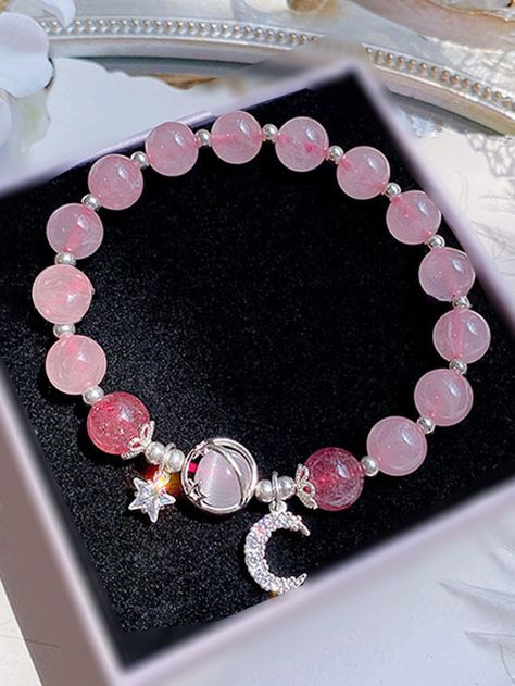 1pc Pink Ins Style Moon & Star Beaded Bracelet Suitable For Women's Daily WearI discovered amazing products on SHEIN.com, come check them out! Star Beaded Bracelet, Pink Bracelets, Cat Eye Stone, Bracelets Pink, Girly Bracelets, Crystal Bead Jewelry, Pretty Jewelry Necklaces, Cute Bracelet, Bracelet Craft Diy