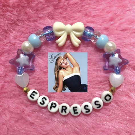 Handmade Sabrina Carpenter 'Espresso' beaded... - Depop Bracelet Ideas Sabrina Carpenter, Sabrina Carpenter Bracelets, Easy Crafts For Teens, Bracelets Diy, Bracelet Ideas, Pretty Earrings, Crafts For Teens, Sabrina Carpenter, Fabric Covered