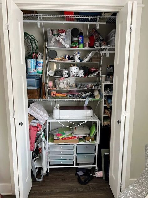 Home Supply Closet, Odd Closet Organization, Closet In Office Ideas, Bookshelf In Closet Storage, Convert Closet To Craft Storage, Office Closet Shelving Ideas, Large Hall Closet Organization, Home Decor Closet Storage Ideas, Home Office Closet Organization Ideas