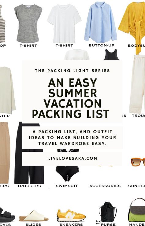 A white background with the image with a visual list of 20 items to pack for a summer vacation. In the middle is a white box with the words, "An Easy Summer Vacation Packing List." 10 Day Summer Packing List, 10 Day Capsule Wardrobe Travel Light, Two Week Packing List Summer, 10 Days Packing List Summer, 10 Day Holiday Packing List, 3 Week Packing List Summer, Sight Seeing Outfit Summer Europe, Packing Summer Vacation, 2 Weeks In A Carry On Summer