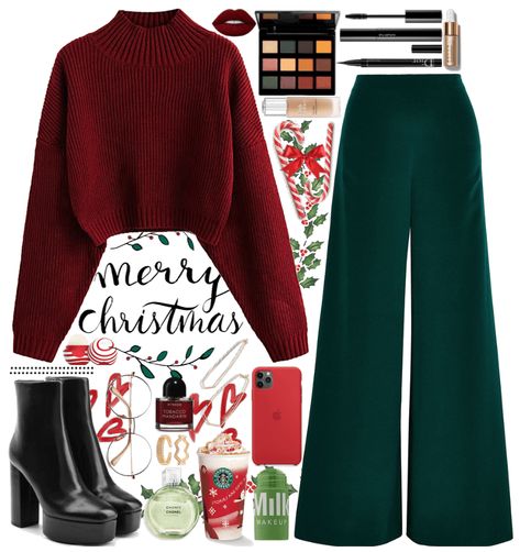 Christmas Boots Outfit, Green Christmas Outfit Aesthetic, Red And Green Christmas Outfit Women, Christmas Colours Outfit, Red With Green Outfit, Christmas Outfit With Red Pants, Christmas Green Outfit Ideas, Red And Green Outfit Christmas, Christmas Fashion Outfits 2023