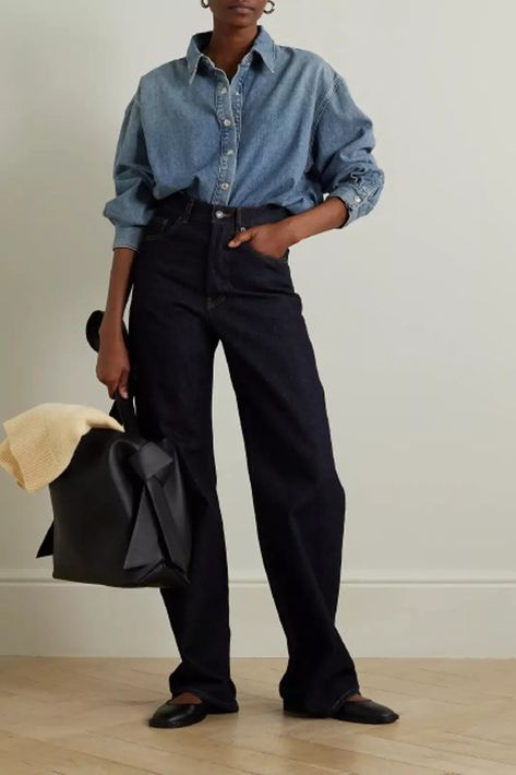 Denim Shirts | SheerLuxe Jean Shirts Women Outfits, Denim Shirt Street Style, Denim On Denim Outfits For Women, Luxury Denim Shirt With Relaxed Fit, Denim Shirt Outfit 2024, Denim Button Up Shirt Outfit, Relaxed Fit Button-up Denim Top, Chic Denim Blue Button-up Top, Outfits Moodboard