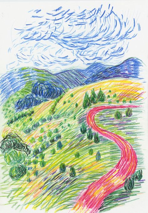 Pencil Colors Art Drawings, Illustration Art Colored Pencil, Crayon Sketches Ideas, Color Pencil Hatching, Colores Pencil Drawings, Sea Drawing Colored Pencil, Drawing A Landscape, Color Pencil Beginner, Art Pencil Color Drawings