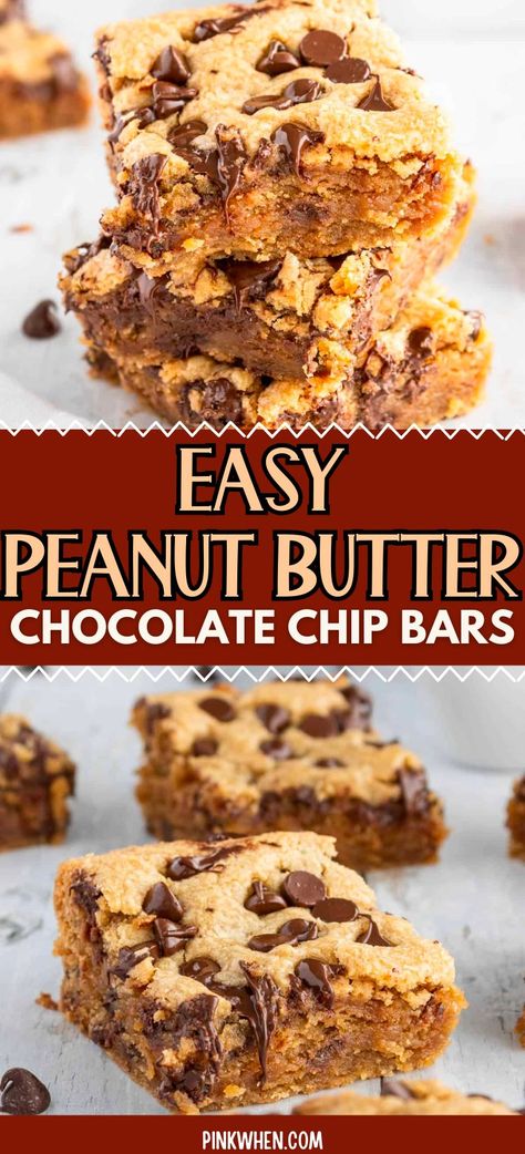 Easy Peanut Butter Chocolate Chip Cookies, Peanut Butter Chocolate Chip Desserts, Choc Chip Peanut Butter Bars, Peanut Butter Chocolate Chip Oatmeal Bar, Easy Peanut Butter Chocolate Chip Cookies 4 Ingredients, Chocolate Chip Muffin Bars, Peanut Butter Chewies Easy Recipes, Easy Chocolate Chip Bars 9x13, Peanut Butter Chocolate Chip Blondies