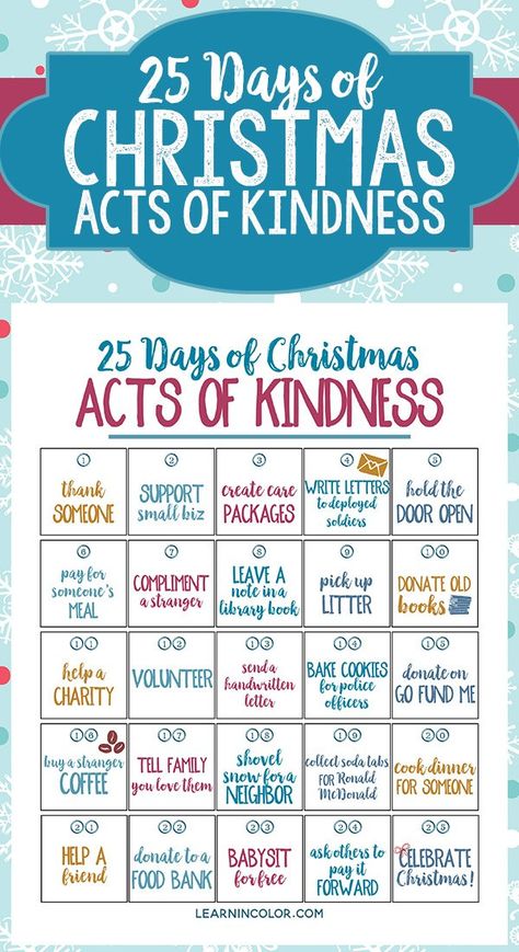 25 Days of Christmas Acts of Kindness: Free Printable 25 Days Of Kindness Christmas Kids, 25 Days Of Kindness Christmas, Christmas Giving Ideas Acts Of Kindness, December Acts Of Kindness, Christmas Kindness For Kids, 25 Days Of Christmas Crafts, Random Acts Of Kindness Christmas, 25 Days Of Christmas Ideas, Christmas Acts Of Kindness