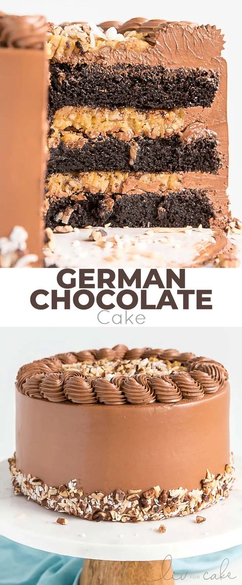 This classic German Chocolate Cake combines rich chocolate cake layers with a sweet coconut pecan filling and a dreamy chocolate buttercream. | livforcake.com December Treats, Chocolate Cake Layers, Pecan Filling, Chocolate Swiss Meringue Buttercream, German Chocolate Cake Recipe, Coconut Pecan, Cake Layers, Rich Chocolate Cake, German Chocolate Cake