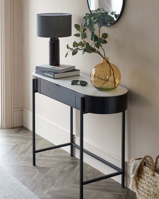 Table Lamps | Modern & Contemporary Table Lamps – Danetti Console Coffee Bar, Console Table Hallway Decor, Consoles In Living Room, Black Console Table Styling, Black Hallway Table, Small Console Table Decor, Dressing Table Styling, Bungalow Hallway, Console For Bedroom