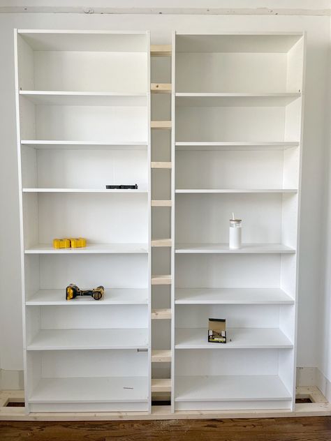 Arched Ikea Billy Bookcase Hack (Step-by-Step) | Our Aesthetic Abode Ikea Bookshelf Hack, Bookcase Hack, Dining Room Built In, Billy Ikea, Ikea Built In, Billy Bookcase Hack, Ikea Billy Bookcase Hack, Ikea Bookcase, Room Bookshelf