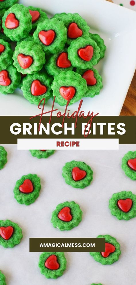 These Grinch Shortbread Bites are a charming holiday treat that’s easy to make and perfect for sharing. With their cute grinch theme and buttery flavor, these mini cookies are great for goodie bags or dessert tables. Make a batch for your holiday gatherings and spread some festive cheer! Holiday Treats Grinch, Grinch Bites Recipe, Grinch Baking Recipes, Grinch Theme Dessert Table, Grinch Shortbread Cookies, Grinch Desert Ideas, Grinch Theme Treats, Grinch Sweet Treats, Grinch Cookie Recipe