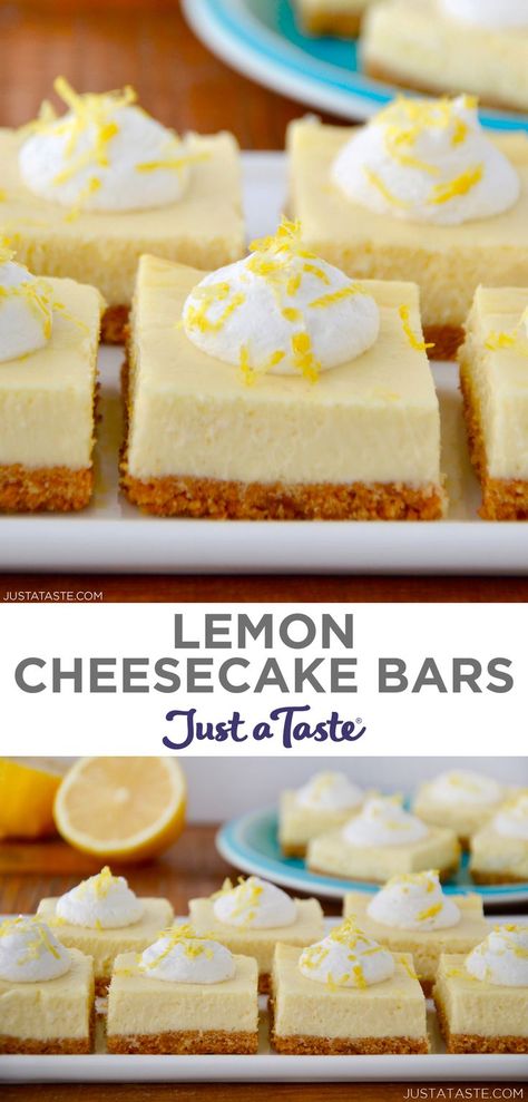 Easy Lemon Cheesecake Bars are my go-to spring dessert! This foolproof dessert recipe can be made a day in advance and stars a creamy cheesecake filling atop a buttery graham cracker crust. #lemondesserts #lemoncheesecake #lemoncheesecakebars #justatasterecipes Lemon Desserts With Cream Cheese, Lemon Cream Cheese Graham Cracker Dessert, Easter Lemon Bars, Lemony Cream Cheese Dessert Bars, Gluten Free Lemon Cheesecake Bars, Quick Dessert Bars, Desserts For Easter Easy, Easy Lemon Desserts 3 Ingredients Simple, Lemon Dessert With Graham Cracker Crust