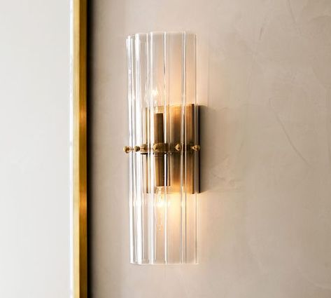 Wall Sconces & Sconce Lights - Wall Lighting | Pottery Barn Vanity Sconces Bathroom, Powder Room Sconces, Hallway Sconces, Sconces Bathroom, Sconces Living Room, Evening Star, Bronze Sconces, Art Deco Bathroom, Crystal Bath