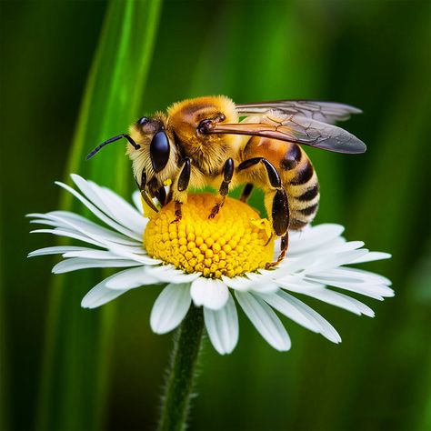 ✅ A stunning close-up photograph of a honey bee perched on a pristine white daisy flower. The bee's fuzzy, golden-brown body is covered in intricate details, and its wings are spread wide as it gathers nectar from the flower's vibrant yellow center. The bee's compound eyes and antennae are clearly visible, showcasing the fascinating complexity of this tiny creature. The verdant green background creates a striking contrast that brings the bee and flower into sharp focus. The composition artfu... Photographs Of Flowers, Wild Animal Photography, Bees Pollinating Flowers, Honey Bee On Flower, Honey Bee Flying, Bee Pictures Art, Bee Photos, Animals With Flowers, Honey Bee Photos