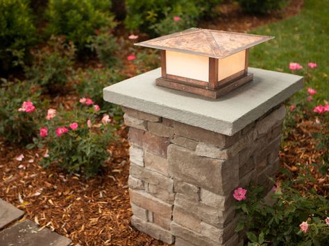 rock front step | How to Construct Stone Columns : How-To : DIY Network.....front lights Front Yard Lighting, Front Porch Pictures, Brick Pillars, Brick Driveway, Landscape Gardening, Driveway Lighting, Stone Driveway, Driveway Entrance, Driveway Landscaping