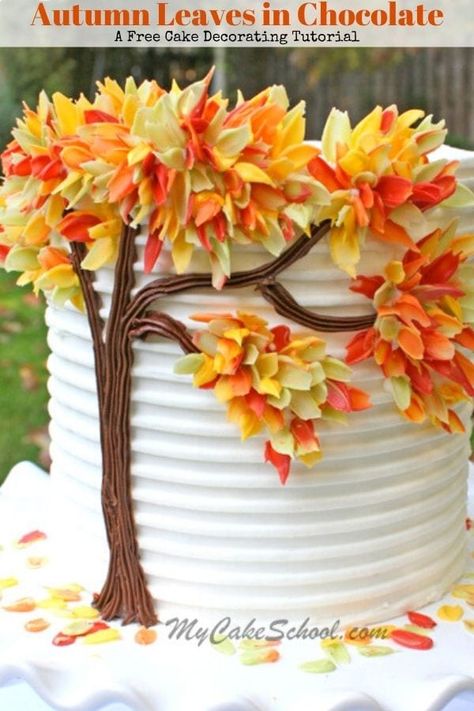 Autumn Leaves in Chocolate- A Free Cake Decorating Tutorial. This beautiful and unique cake design is perfect for fall entertaining! Fall Cakes Decorating, Fall Birthday Cakes, Sponge Cake Filling, Thanksgiving Cakes, Cake Decorating Classes, Fall Cakes, Unique Cakes, Fall Birthday, Cake Decorating Tutorials