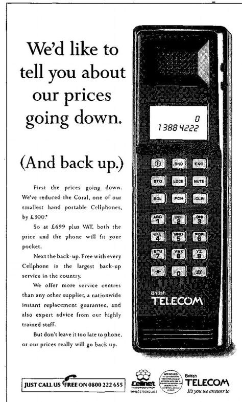 The price of this early cellphone sold in the UK had been dropped by £300 ($385) when this ad was published in 1989 - but the chunky device still  cost £699 ($895) plus VAT Twenty Dollar Bill, Cassette Tape Recorder, Answering Machine, Computer History, Old Computers, Cellular Phone, Old Ads, Graphing Calculator, Time Capsule