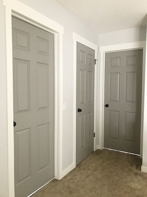 How to Paint Your Interior Doors Door Paint Ideas, Grey Interior Doors, Interior Door Colors, Home Depot Paint, Hallway Door, Painted Interior Doors, Door Paint, Diy Interior Decor, Hemma Diy