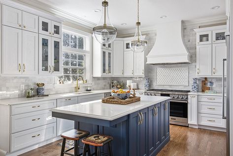 Blue Kitchen Islands are a classic choice that will stand the test of time. Get inspired with blue kitchen island ideas from our designers. Blue Kitchen Ideas, White Transitional Kitchen, Gorgeous White Kitchen, Blue And White Kitchen, Beautiful White Kitchens, Blue Kitchen Island, Casual Kitchen, Lake House Kitchen, Blue Kitchen Cabinets