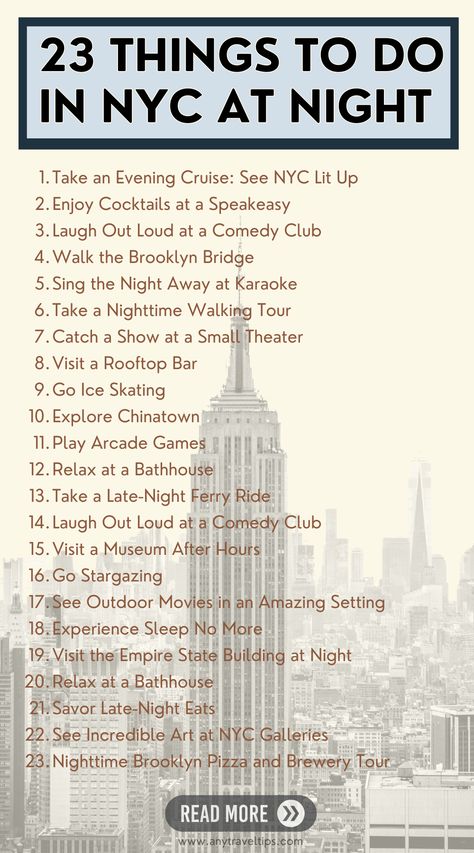 23 amazing things to do in New York City at night! Don't miss these tips from our NYC resident on your next trip! New York Movies List, Things To Do In The Bronx New York City, Nyc Ideas Things To Do, Traveling To Nyc, Things To Do In New York In December, New York City To Do, New York City Must Do, New York Must Do, New York City Places To Visit