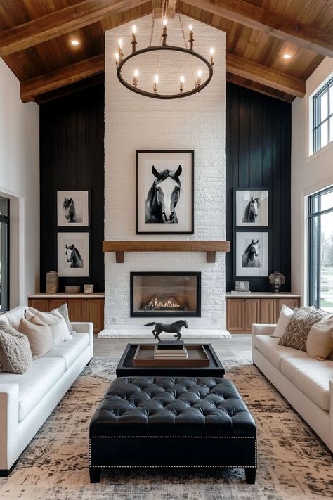 shiplap wall idea for living room Grey Shiplap Fireplace Wall, Black Diagonal Shiplap Wall, White Vs Black Fireplace, Vaulted Shiplap Ceiling Living Room, White Washed Brick Fireplace With Mantle, Living Room Wall Fireplace, Black Living Room Fireplace, Black Wall Family Room, Brick Fireplace With Black Shiplap