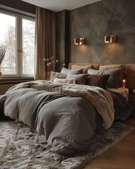 Textured Room Design, Grey Luxury Bedroom Ideas, Grey Beige Bedding, Grey Bedroom Wall Colors, Brown Grey Walls, Room Decor Ideas Grey Walls, Masculine Dark Bedroom, Dark Painted Rooms Bedrooms, Dark Nature Bedroom Aesthetic