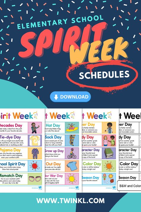 Elementary School Spirit Week Schedules Decades Day, School Spirit Week, School Community, Spirit Week, Teaching Elementary, 5th Grades, Elementary Classroom, Educational Activities, School Spirit