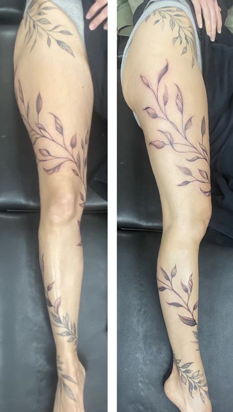 Leaf Leg Sleeve Tattoo, Vine On Leg Tattoo, Vines Sleeve Tattoo Women, Leave Leg Tattoo, Vine Tattoo Around Leg, Up The Leg Tattoos For Women, Leg Tattoo Leaves, Leg Tattoo Feminine, Leaves Tattoo On Leg