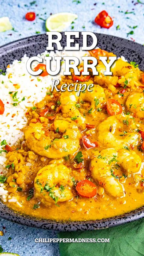 A big plate full of the best ever red curry served with rice. Thai Red Curry Chicken Coconut Easy Recipes, Red Curry Chicken Videos, Recipes That Use Red Curry Paste, Thai Curry Recipes Shrimp, Thai Prawn Curry Red, Recipes With Thai Red Curry Paste, Red Thai Curry Sauce, Red Curry Prawns Recipe, Red Curry With Shrimp