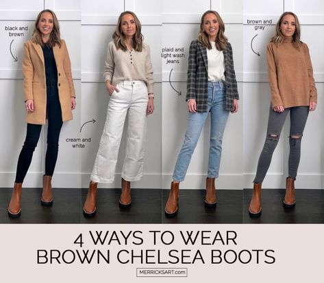 4 Outfits with Brown Chelsea Boots - Merrick's Art Chelsea Boot Style Woman, Ways To Style Chelsea Boots, Chelsea Boot Office Outfit, Work Outfits Brown Boots, Dressing Up Chelsea Boots, Marc Fisher Chelsea Boots Outfit, Office Outfits With Chelsea Boots, Madewell Chelsea Boot Outfit, Business Casual With Chelsea Boots