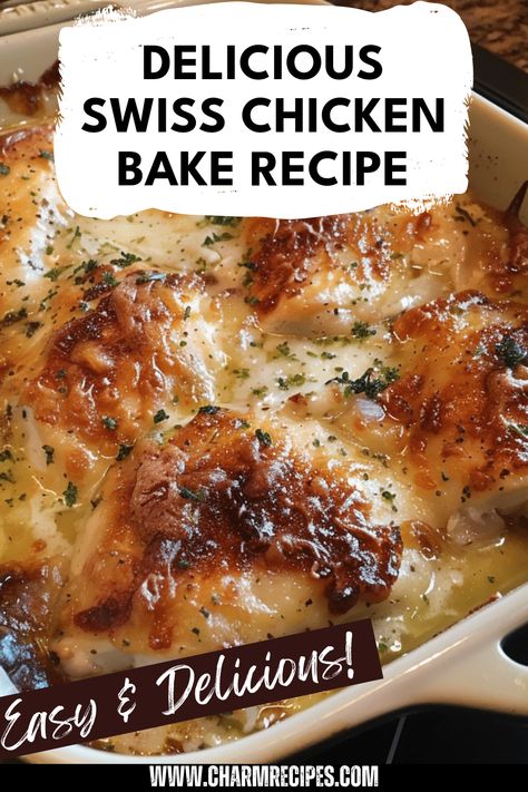 If you're looking for an easy and satisfying meal, try this Swiss Chicken Bake. You’ll enjoy tender chicken breasts topped with creamy Swiss cheese and delicious ingredients that melt in your mouth. Perfect for family dinners or potlucks, this Swiss Chicken Bake combines flavors like sweet peppers or mushrooms, making it a hit at any table. Plus, it’s a one-dish wonder that simplifies cleanup! Dig into comfort food with this savory recipe that is fast to prepare without compromising taste and quality. Creamy Swiss Cheese Chicken Bake, Meals With Swiss Cheese, Fast Comfort Food Dinners, Swiss Chicken Recipe, Baked Swiss Chicken, Swiss Mushroom Chicken, Chicken With Swiss Cheese Recipes, Mushroom Swiss Chicken Bake, Creamy Swiss Chicken Bake