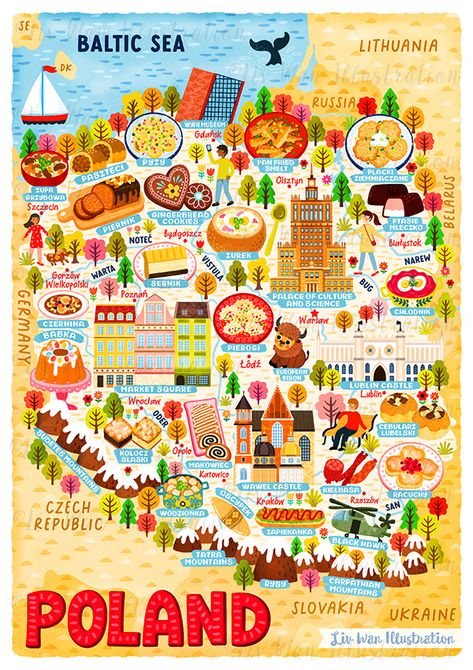 Poland Map Illustration, Food Map Illustration, Poland Illustration, Poland Symbols, Cultural Poster, Poland Aesthetics, Poland Poster, Map Of Poland, Poland Food