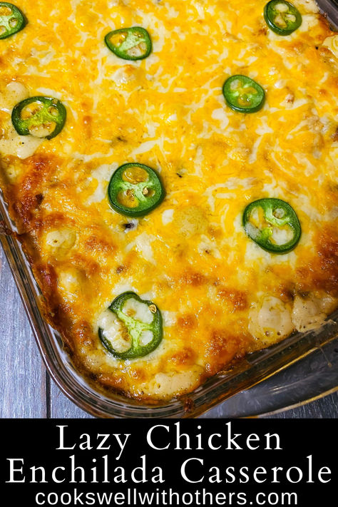 casserole topped with cheese and jalapenos Lazy Chicken Enchilada Casserole, Easy Enchiladas Chicken Casseroles, Oven Baked Chicken Enchiladas, 4 Ingredient Chicken Enchiladas, Easy Healthy Enchilada Casserole, 4 Ingredient Enchilada Casserole, 4 Ingredient Chicken Enchilada Casserole, Enchilada Burrito Casserole, Make Ahead Chicken Enchilada Casserole