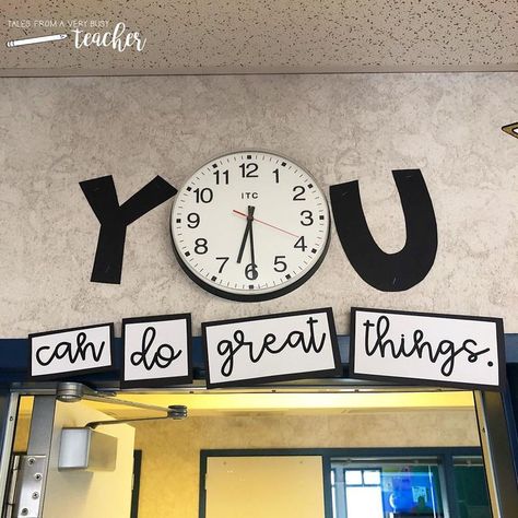 I don’t have a lot of space around the clock in my classroom, but I wanted to use it as a focal point. 🕰️️ I think I made it work. 😁 I also… Classroom Clock, Elementary Classroom Decor, 4th Grade Classroom, Middle School Classroom, New Classroom, Busy Teacher, Classroom Door, Classroom Setup, Classroom Design