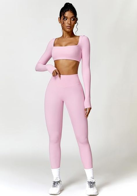 ABOCIW Workout Sets for Women 2 Piece Square Neck Long Sleeve Crop Tops High Waist Biker Shorts Gym Sets Yoga Sportswear, Autumn Sleeve, Yoga Suit, Crop Top Bra, Yoga Set, Gym Leggings, Women Sleeve, Tracksuit Women, Sports Suit