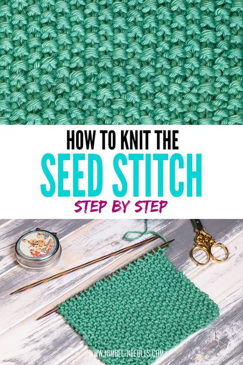 A step by step tutorial on how to knit the seed stitch knitting pattern for beginners. Easy to follow instructions showing everything you need to know - no matter if you want knit the seed stitch with an odd number of stitches, an even number, or in the round. Seed Stitch Knitting, Seed Stitch Blanket, Seed Stitch Scarf, Crochet Seed Stitch, Types Of Knitting Stitches, Knit Stitches For Beginners, Knitted Washcloth Patterns, Knitted Washcloths, Knitting Stitches Tutorial