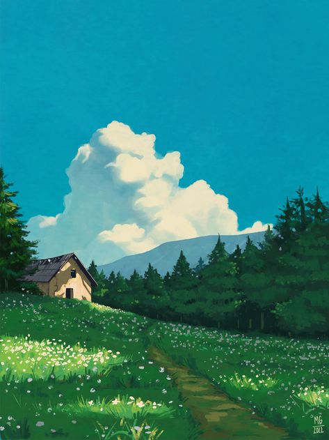 Perspective Art Reference Landscape, Landscape Paintings House, Anime Background Painting, Ghibli Studios Scenery, Landscape Ideas For Painting, Nature Painting Reference, Ghibli Style Landscape, Ghibli Art Landscape, Studio Ghibli References