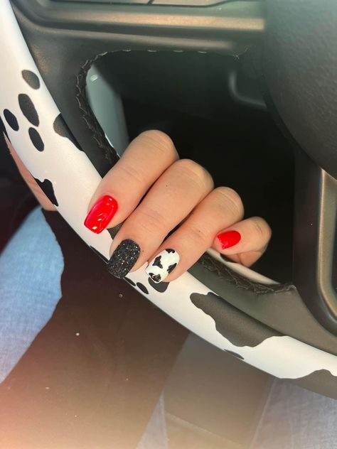 Dip Nails Cow Print, 21st Birthday Nails Western, Nail Ideas Punchy, Red And Black Cow Print Nails, Neon Pink Western Nails, Koe Wetzel Concert Nails, Cow Print Nails Ideas, Red Cow Print Nails Acrylic, Punchy Cowgirl Nails