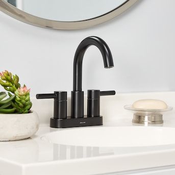 allen + roth Harlow Matte Black 4-in centerset 2-Handle WaterSense Bathroom Sink Faucet with Drain and Deck Plate in the Bathroom Sink Faucets department at Lowes.com Black Faucet Bathroom, Matte Black Bathroom Faucet, Black Bathroom Faucet, Wall Mount Faucet Bathroom, Vanity Faucet, Pedestal Sink, Allen Roth, Towel Bars, Sink Top