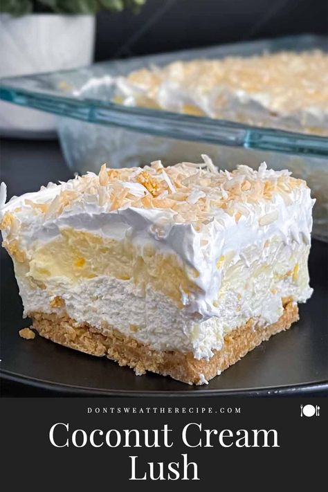 This coconut cream lush is layers of creamy coconut goodness! It's an easy no-bake dessert perfect for hot summer days. Choc Lush Dessert, Coconut Lasagna Dessert, Pineapple Coconut Delight, Coconut Cream Dump Cake, Coconut Cream Pie Deluxe, Coconut Cream Deserts, Coconut Lush Dessert Recipes, Coconut Cream Dessert Easy, Creamy Coconut Cream Pie