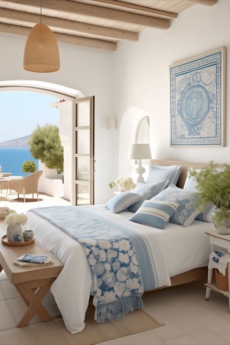 Mediterranean Costal House, Greece House Aesthetic Interior, Mama Mia House Aesthetic, Mediterranean Interior Design Style Bedroom, Greece Homes Interior, Medditeranean Bedroom, Santorini Style Home, Greek Inspired Bedroom, Greece Inspired Bedroom