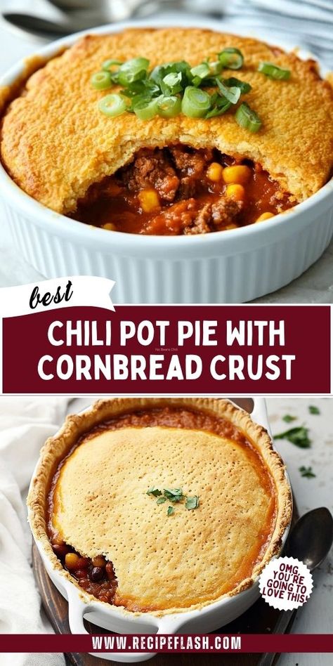 Searching for a crowd-pleasing dinner option? This Chili Pot Pie With Cornbread Crust Recipe brings together rich chili and a buttery crust for a meal that’s both hearty and comforting. Save this recipe now for your next family feast or game night. A must-try for all chili fans! Pot Pie With Cornbread Crust, Family Dinners Easy, Chili Pie Recipe, Chili Pot Pie, Cornbread Pie, Unique Chili Recipes, Thanksgiving Corn Bread, Cornbread Topping, Cornbread Crust