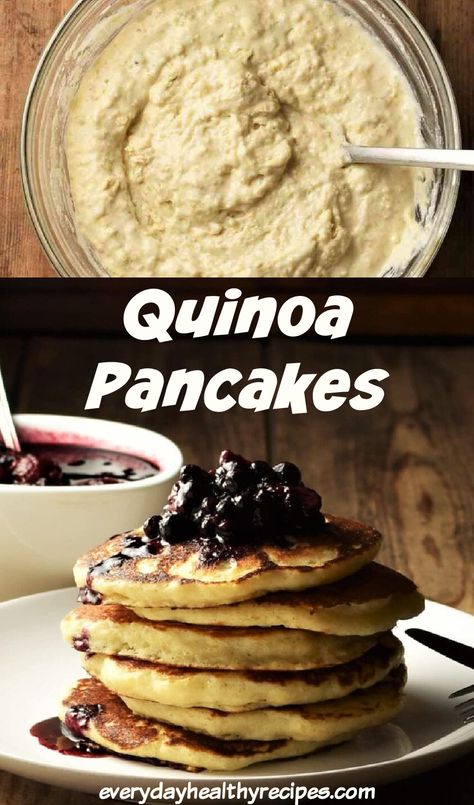 Top down view of quinoa pancake batter in bowl and side view of pancakes stacked on plate. Quinoa Pancakes Vegan, Pancakes With Buttermilk, Quinoa Dessert, Savory Quinoa, Quinoa Pancakes, Oatmeal Pancakes Healthy, Quinoa Flour, Puffed Quinoa, Pancakes Vegan